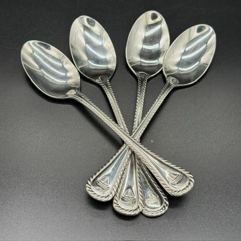Wallace Nautica Teaspoon~Rope Edge~Sailboat~6 1/4"~Set of 4
